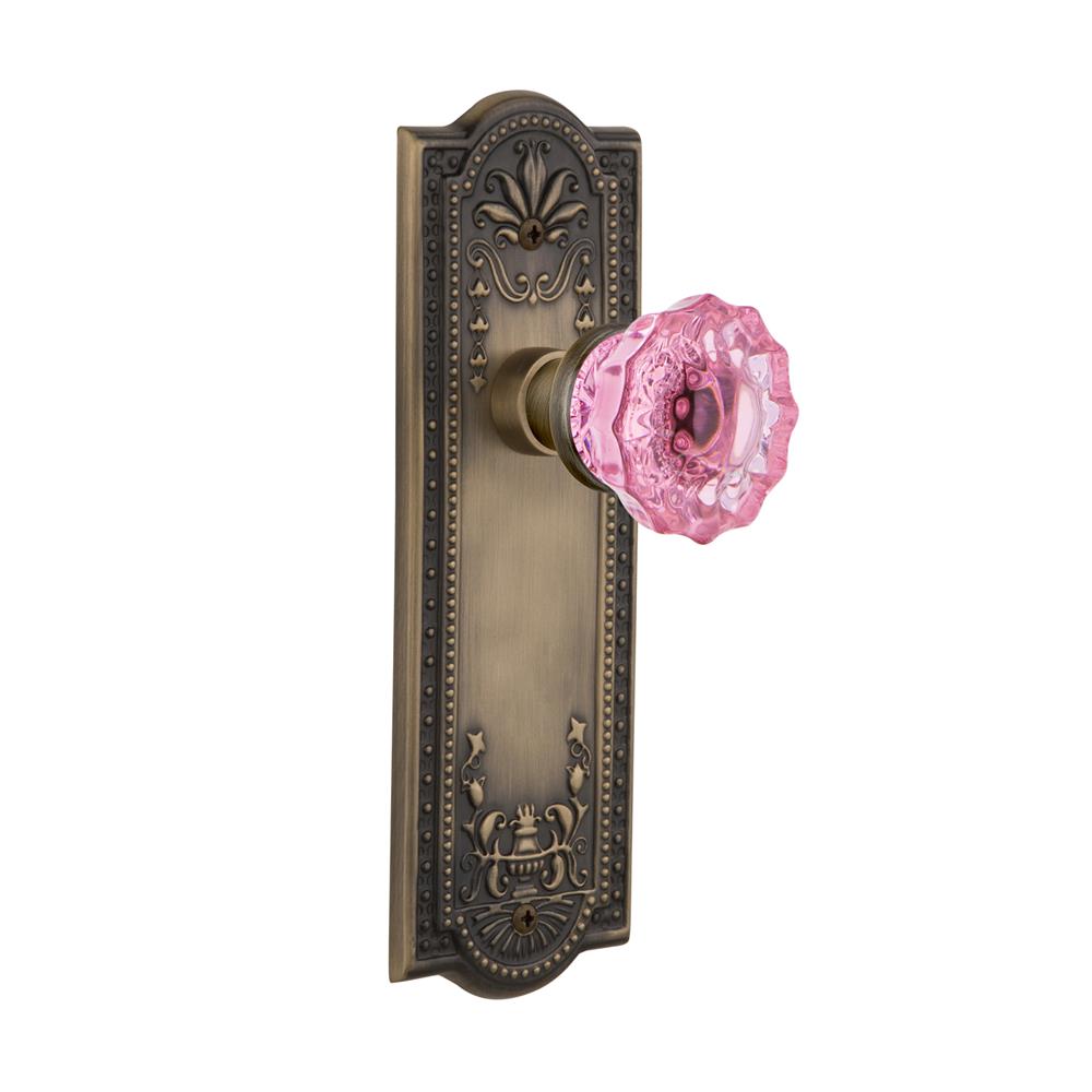 Nostalgic Warehouse MEACRP Colored Crystal Meadows Plate Passage Crystal Pink Glass Door Knob in Antique Brass